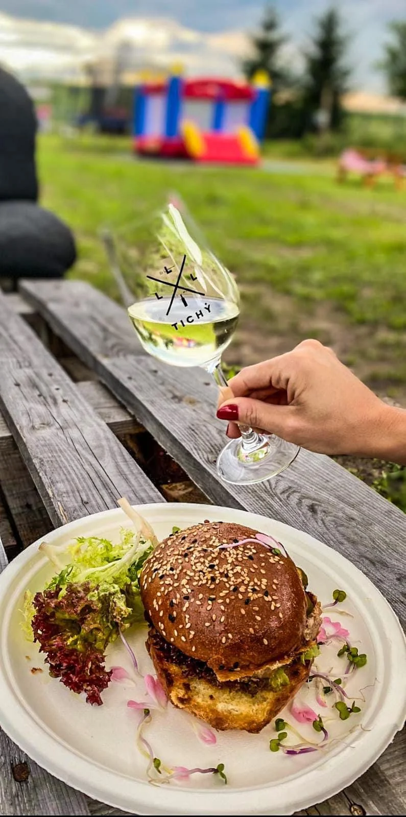 Burger se zeleninou a sklenkou vína v bistru Mezi humny
